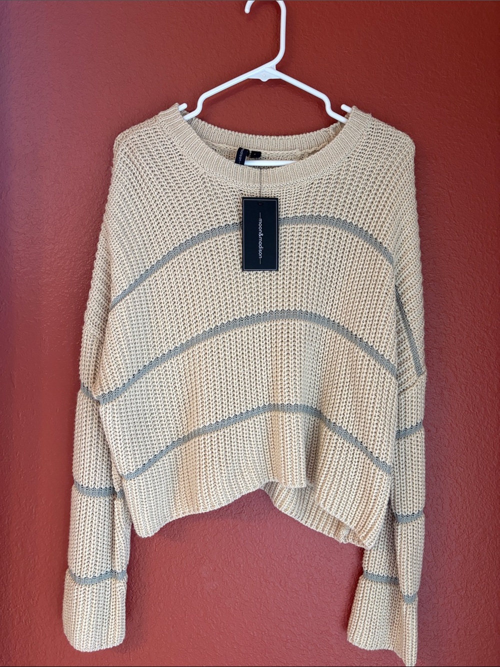 moon & madison Cream Sweater with Gray Stripe Accents